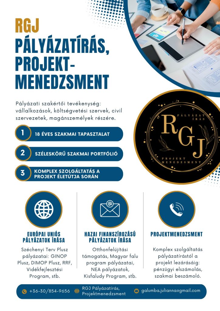 RGJ Pályázatírás, Projektmenedzsment szórólap: pályázati szakértői tevékenység, uniós és hazai pályázatok írása, projektmenedzsment, elérhetőségek